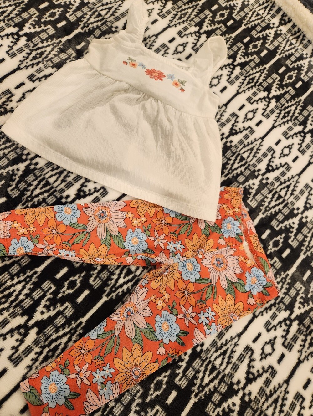 Carter's White Floral Embroidered Tank with Orange Floral Leggings Set, Size 24M
